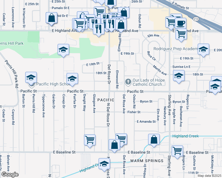 map of restaurants, bars, coffee shops, grocery stores, and more near 6883 Del Rosa Drive in San Bernardino