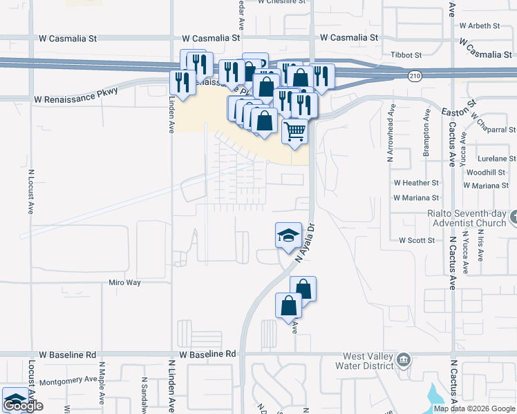 map of restaurants, bars, coffee shops, grocery stores, and more near 1211 Yeager Avenue in Rialto
