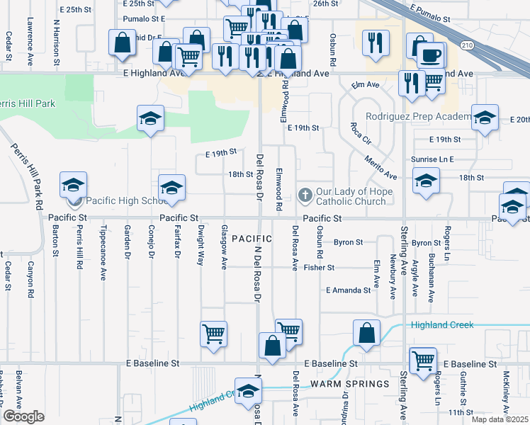 map of restaurants, bars, coffee shops, grocery stores, and more near 6883 Del Rosa Drive in San Bernardino