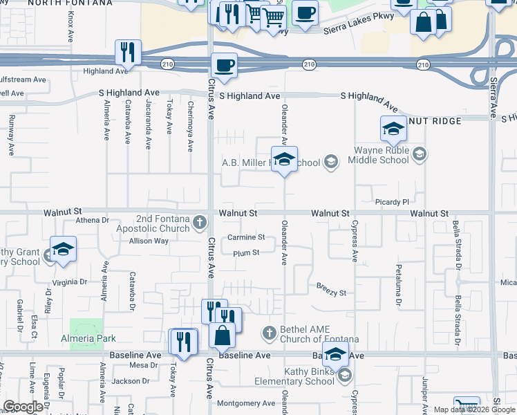 map of restaurants, bars, coffee shops, grocery stores, and more near 16252 Soapberry Lane in Fontana