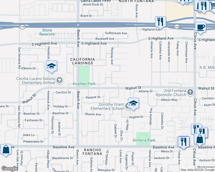 map of restaurants, bars, coffee shops, grocery stores, and more near 6849 Boeing Avenue in Fontana