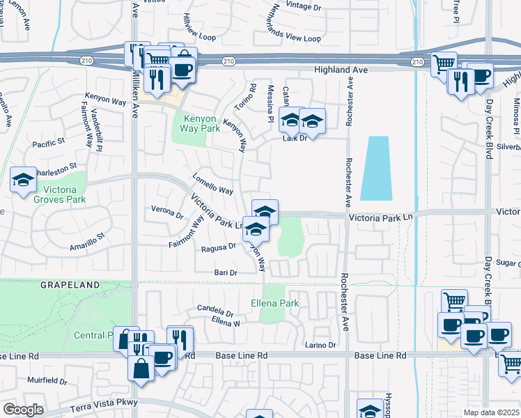 map of restaurants, bars, coffee shops, grocery stores, and more near 11683 Portofino Drive in Rancho Cucamonga