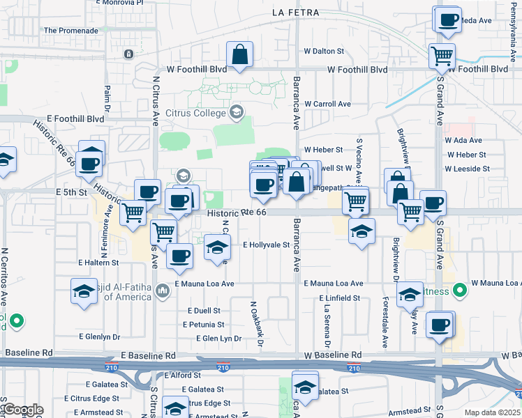 map of restaurants, bars, coffee shops, grocery stores, and more near 1139 E Alosta Ave in Azusa