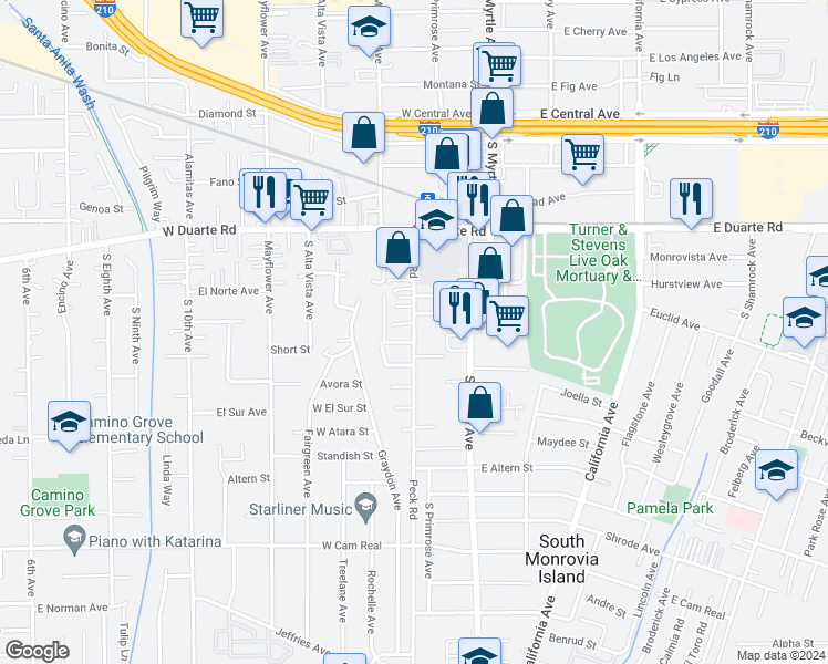 map of restaurants, bars, coffee shops, grocery stores, and more near 111 Spanner Street in Monrovia