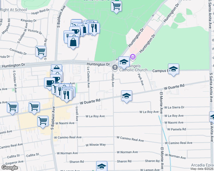 map of restaurants, bars, coffee shops, grocery stores, and more near 425 Fairview Avenue in Arcadia