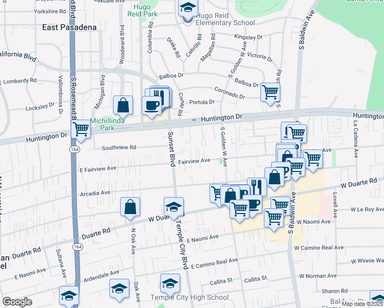 map of restaurants, bars, coffee shops, grocery stores, and more near 1026 West Huntington Drive in Arcadia