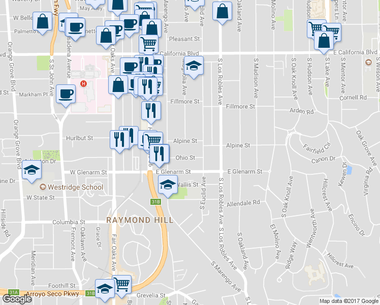 map of restaurants, bars, coffee shops, grocery stores, and more near 270 Alpine Street in Pasadena