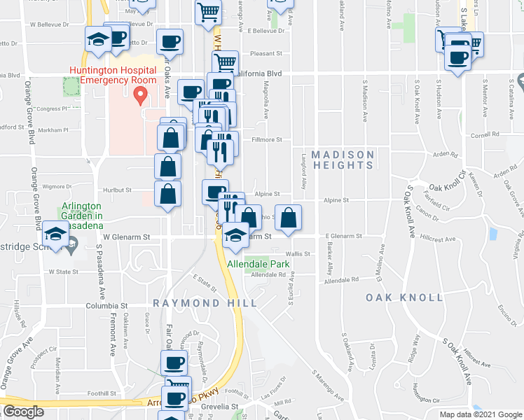 map of restaurants, bars, coffee shops, grocery stores, and more near 270 Alpine Street in Pasadena