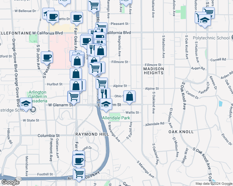 map of restaurants, bars, coffee shops, grocery stores, and more near 270 Alpine Street in Pasadena