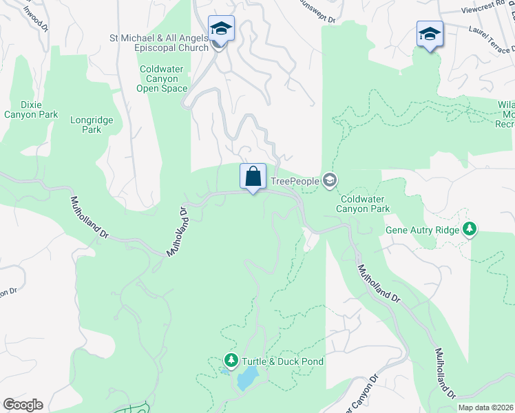 map of restaurants, bars, coffee shops, grocery stores, and more near 12730 Mulholland Drive in Beverly Hills