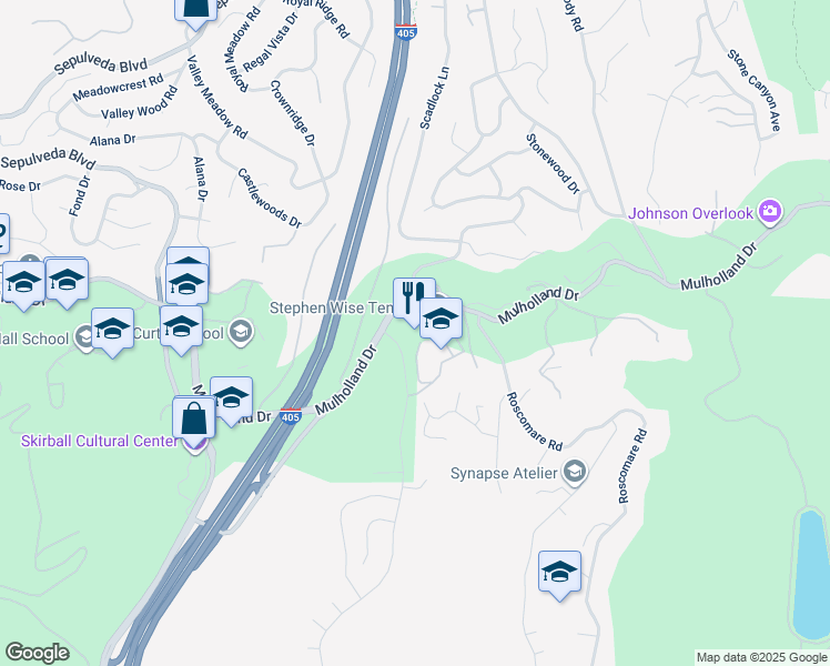 map of restaurants, bars, coffee shops, grocery stores, and more near 15500 Stephen S Wise Drive in Los Angeles