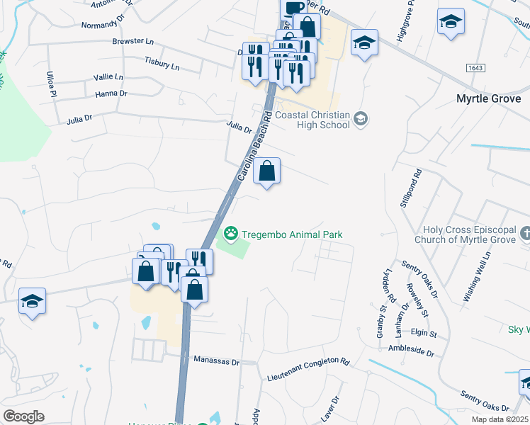 map of restaurants, bars, coffee shops, grocery stores, and more near 5717 Carolina Beach Road in Wilmington