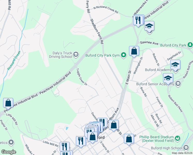 map of restaurants, bars, coffee shops, grocery stores, and more near 130 Stonehedge Drive in Buford