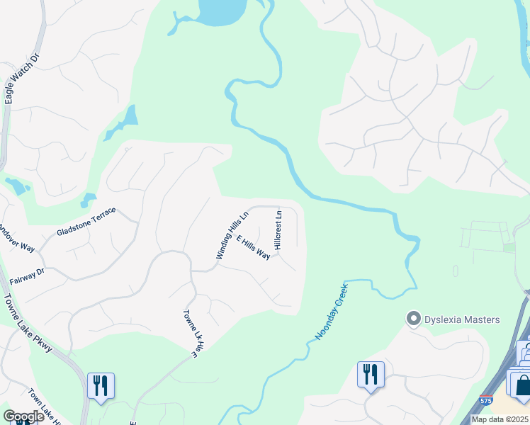 map of restaurants, bars, coffee shops, grocery stores, and more near 5028 Winding Hills Lane in Woodstock