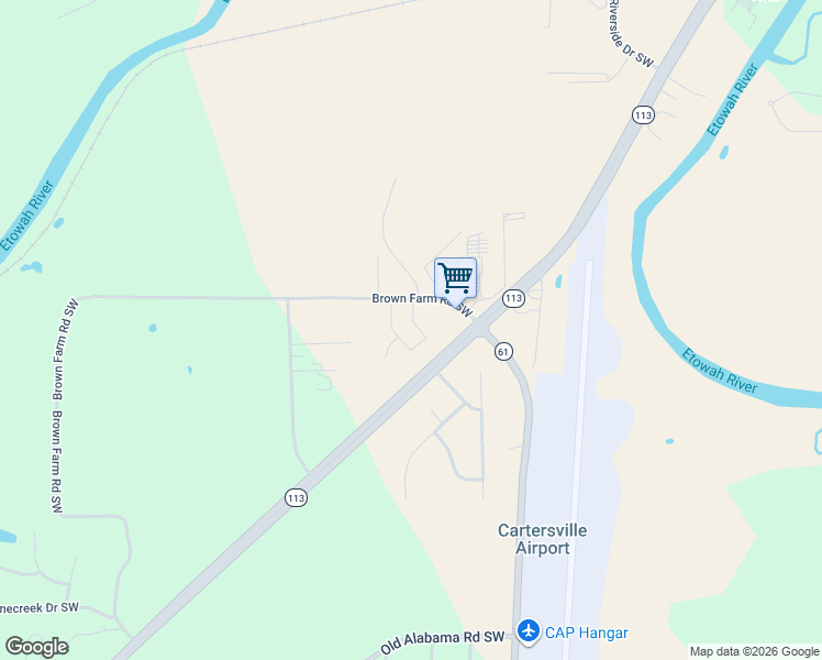 map of restaurants, bars, coffee shops, grocery stores, and more near 116 Westside Chase Southwest in Cartersville