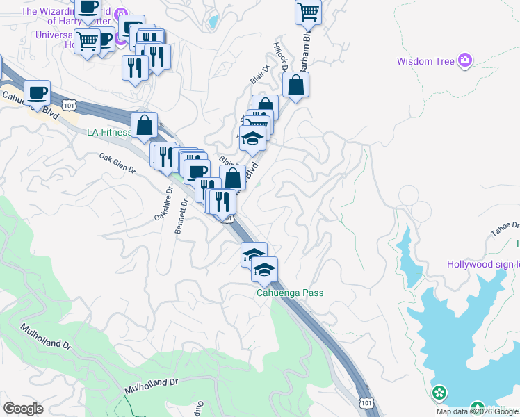 map of restaurants, bars, coffee shops, grocery stores, and more near 3334 North Knoll Drive in Los Angeles