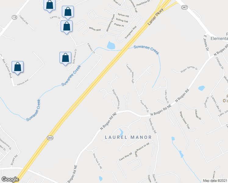 map of restaurants, bars, coffee shops, grocery stores, and more near Bogan Meadows Drive in Buford