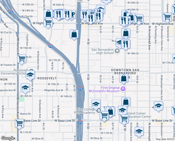 map of restaurants, bars, coffee shops, grocery stores, and more near 1604 North H Street in San Bernardino