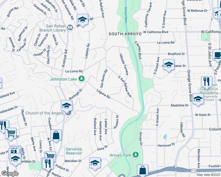 map of restaurants, bars, coffee shops, grocery stores, and more near 980 Mesa Verde Road in Pasadena