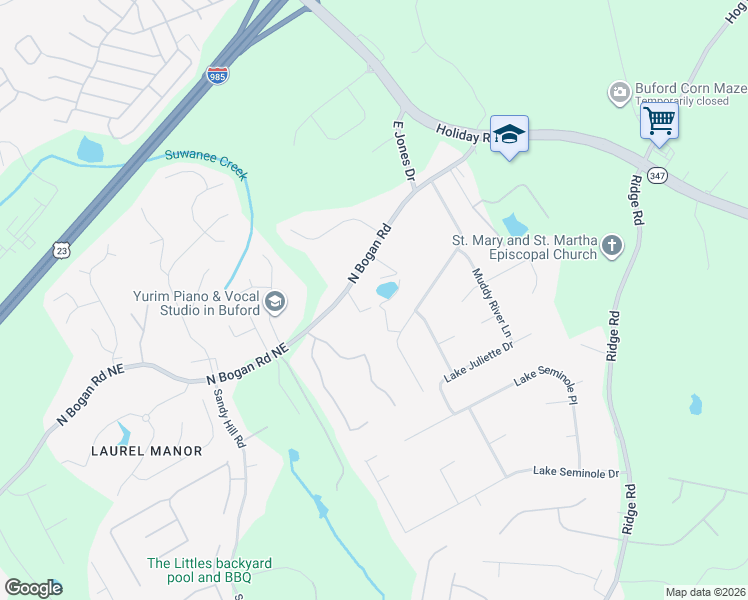 map of restaurants, bars, coffee shops, grocery stores, and more near 3555 North Bogan Road in Buford