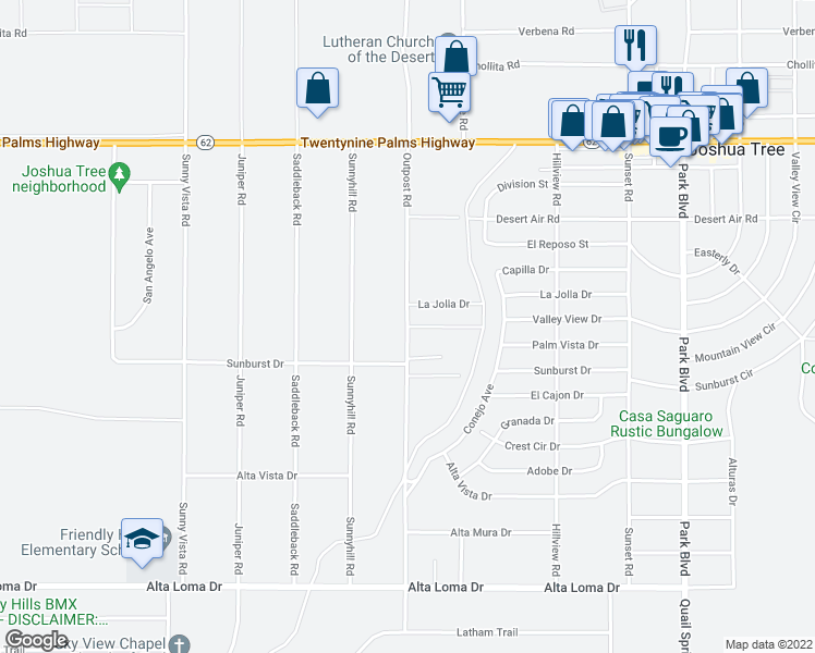 map of restaurants, bars, coffee shops, grocery stores, and more near Outpost Road in Joshua Tree