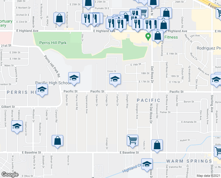 map of restaurants, bars, coffee shops, grocery stores, and more near 25010 Pacific Street in San Bernardino