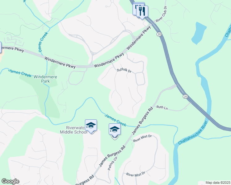 map of restaurants, bars, coffee shops, grocery stores, and more near 3190 Seven Oaks Drive in Cumming