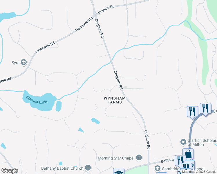 map of restaurants, bars, coffee shops, grocery stores, and more near 405 Wyndham Farms Way in Alpharetta