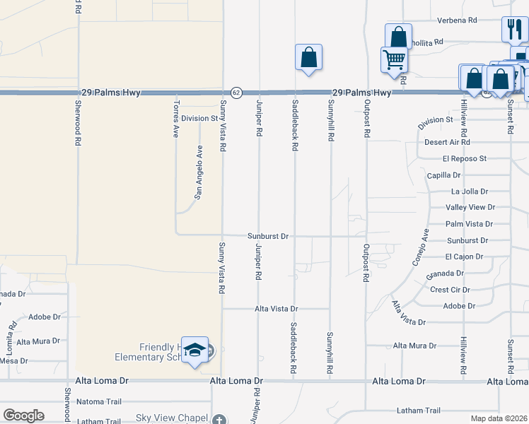 map of restaurants, bars, coffee shops, grocery stores, and more near 6837 Juniper Road in Joshua Tree