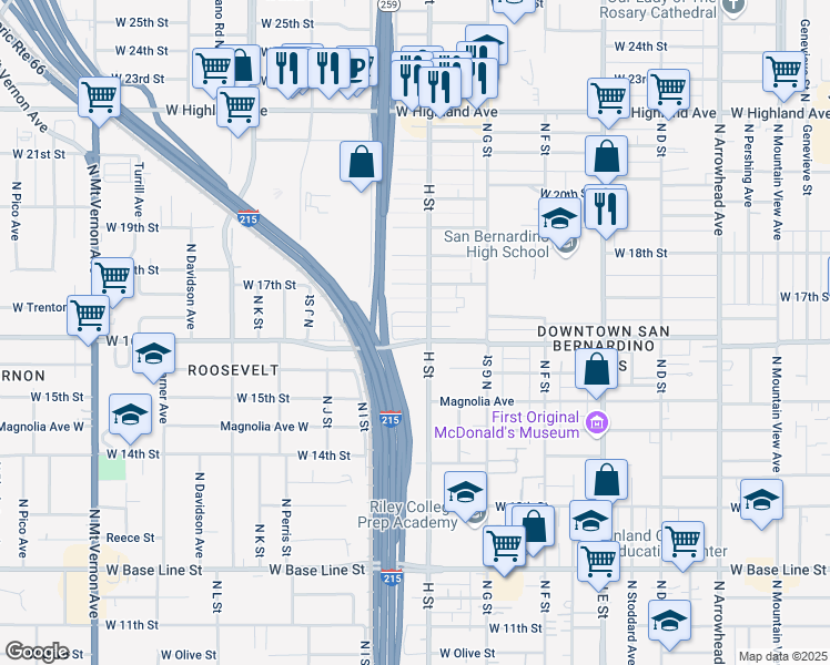 map of restaurants, bars, coffee shops, grocery stores, and more near 1610 North H Street in San Bernardino