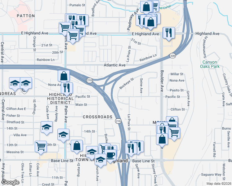 map of restaurants, bars, coffee shops, grocery stores, and more near 1614 Buckeye Street in Highland