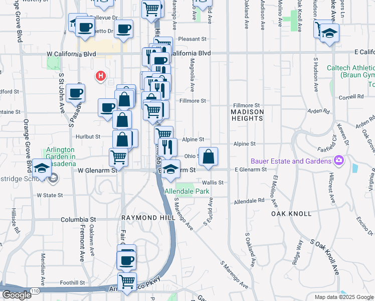 map of restaurants, bars, coffee shops, grocery stores, and more near 263 Ohio Street in Pasadena