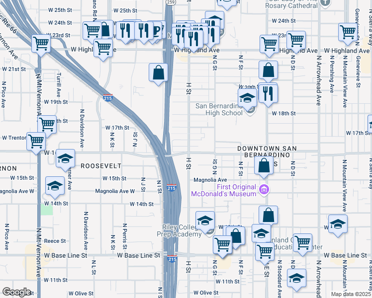 map of restaurants, bars, coffee shops, grocery stores, and more near 821 West Trenton Street in San Bernardino