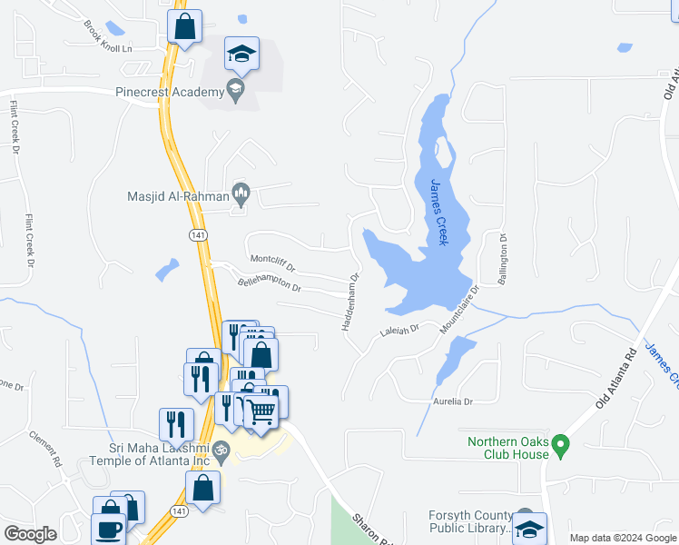 map of restaurants, bars, coffee shops, grocery stores, and more near 1835 Montcliff Drive in Cumming