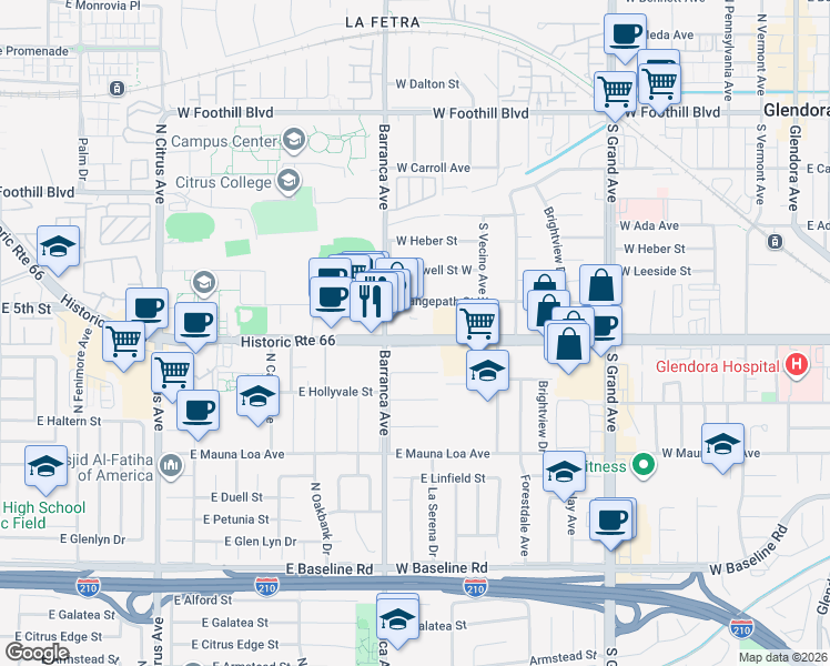 map of restaurants, bars, coffee shops, grocery stores, and more near 837 West Route 66 in Glendora