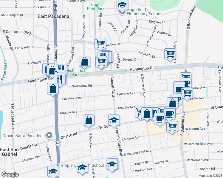 map of restaurants, bars, coffee shops, grocery stores, and more near 905 Sunset Boulevard in Arcadia