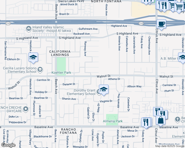 map of restaurants, bars, coffee shops, grocery stores, and more near 15591 Eastwind Avenue in Fontana