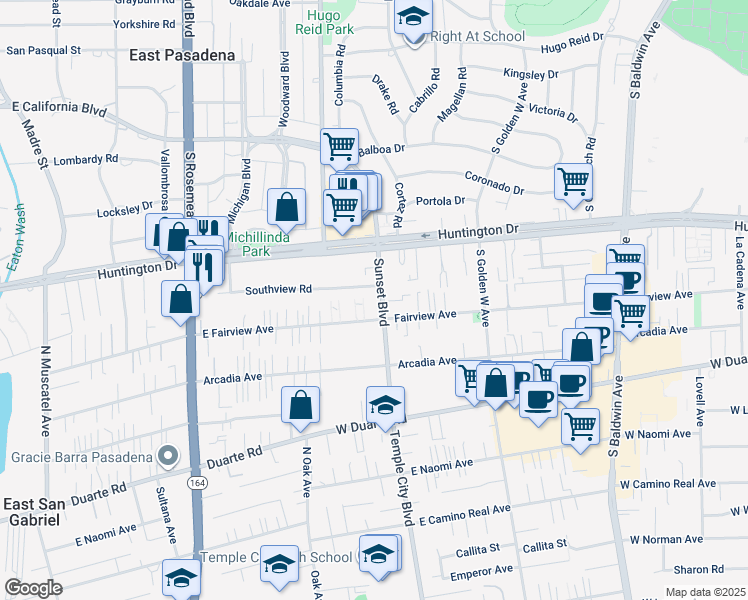 map of restaurants, bars, coffee shops, grocery stores, and more near 905 Sunset Boulevard in Arcadia