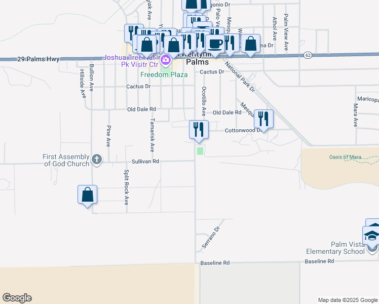 map of restaurants, bars, coffee shops, grocery stores, and more near 6854 Adobe Road in Twentynine Palms