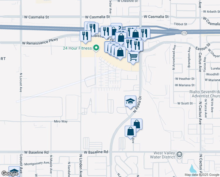 map of restaurants, bars, coffee shops, grocery stores, and more near 1223 Yeager Avenue in Rialto