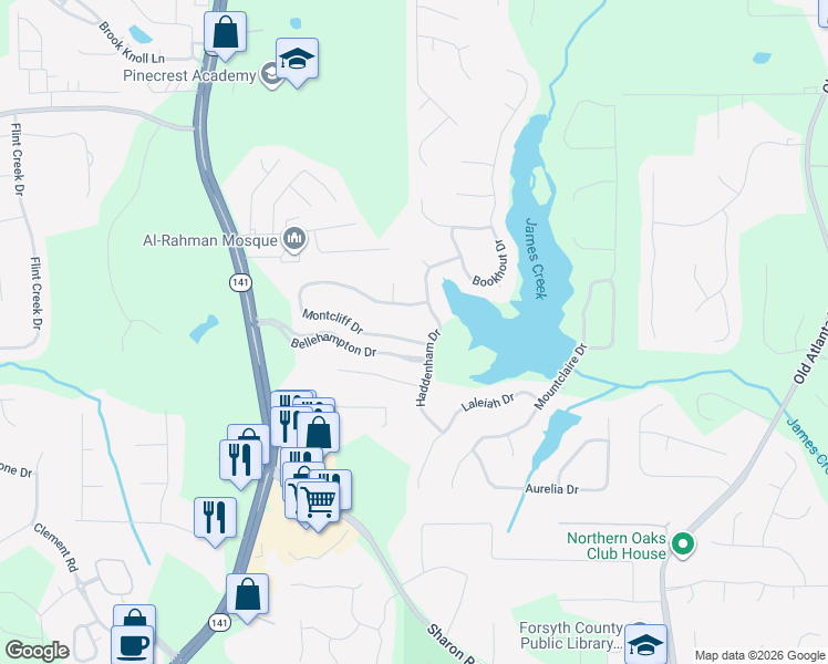 map of restaurants, bars, coffee shops, grocery stores, and more near 1835 Montcliff Drive in Cumming