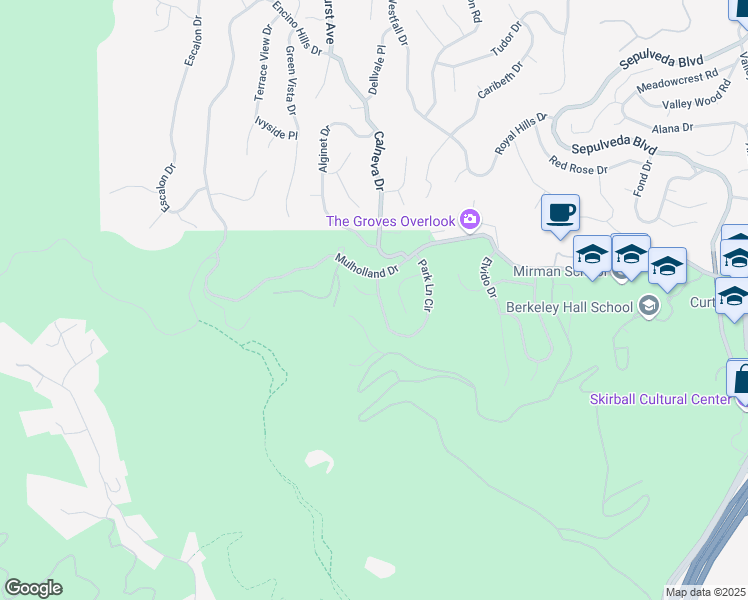 map of restaurants, bars, coffee shops, grocery stores, and more near 16632 Park Lane Circle in Los Angeles
