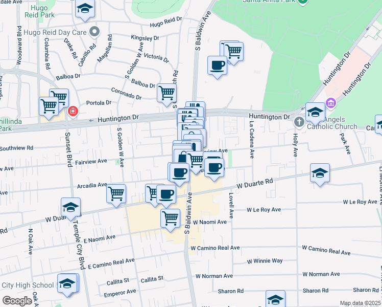 map of restaurants, bars, coffee shops, grocery stores, and more near Fairview Avenue in Arcadia
