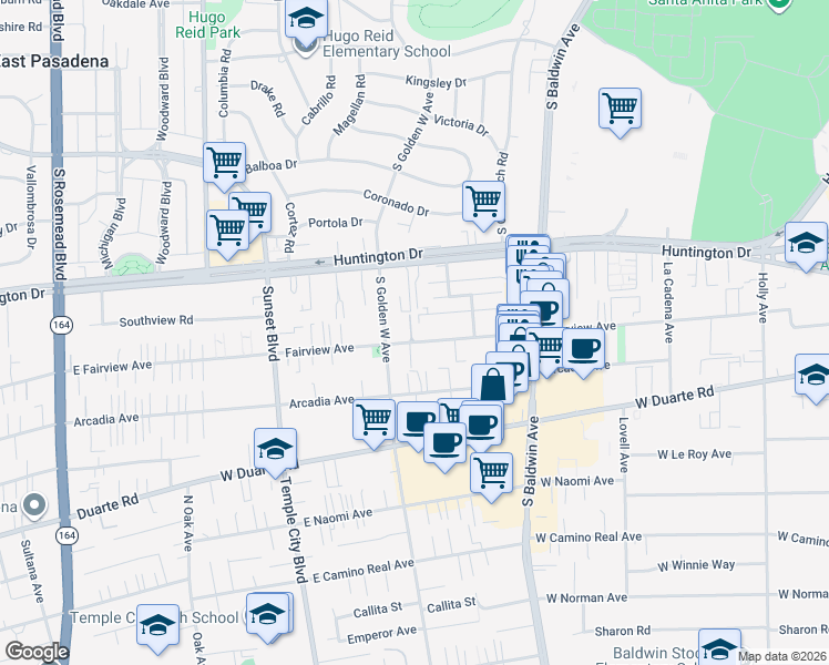 map of restaurants, bars, coffee shops, grocery stores, and more near 816 Southview Road in Arcadia