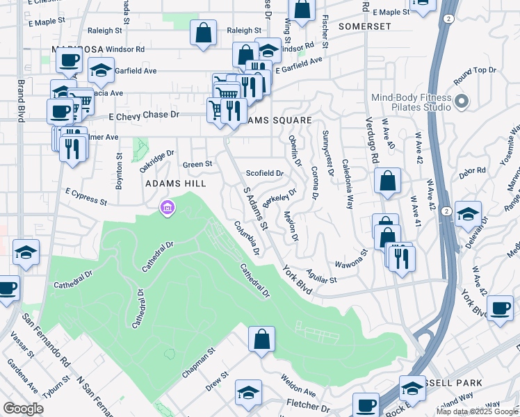 map of restaurants, bars, coffee shops, grocery stores, and more near 1404 South Adams Street in Glendale