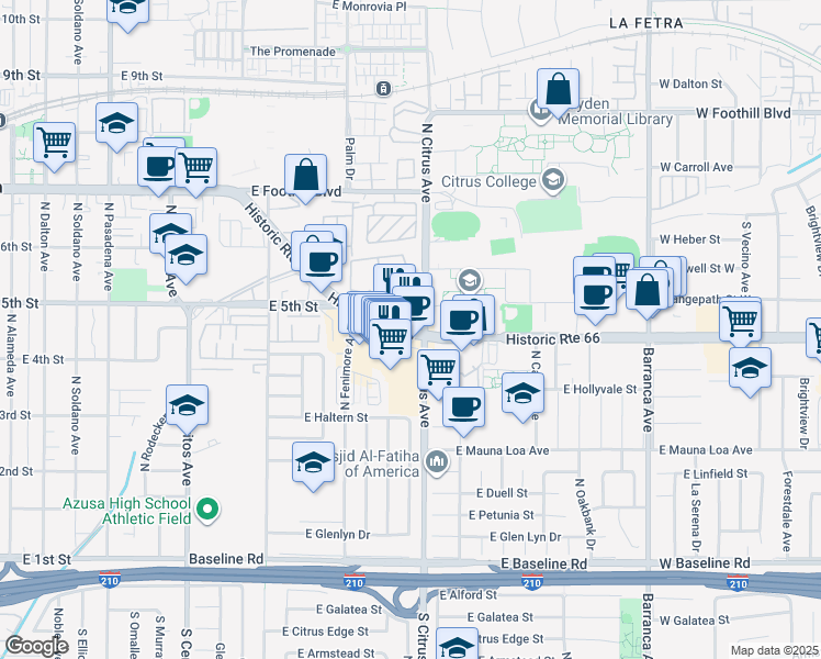 map of restaurants, bars, coffee shops, grocery stores, and more near 901 East Alosta Avenue in Azusa
