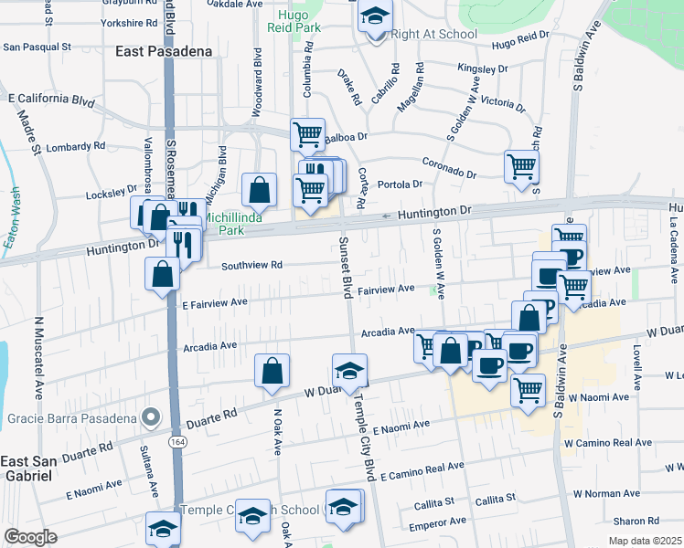 map of restaurants, bars, coffee shops, grocery stores, and more near 905 Sunset Boulevard in Arcadia