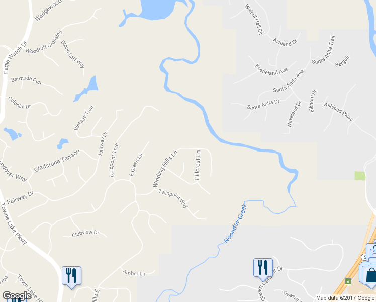 map of restaurants, bars, coffee shops, grocery stores, and more near 5028 Winding Hills Lane in Woodstock