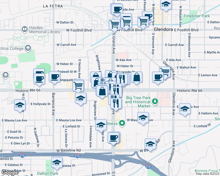 map of restaurants, bars, coffee shops, grocery stores, and more near 601 West Route 66 in Glendora