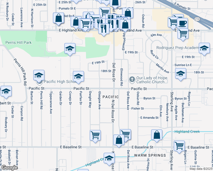 map of restaurants, bars, coffee shops, grocery stores, and more near 25247 East 17th Street in San Bernardino